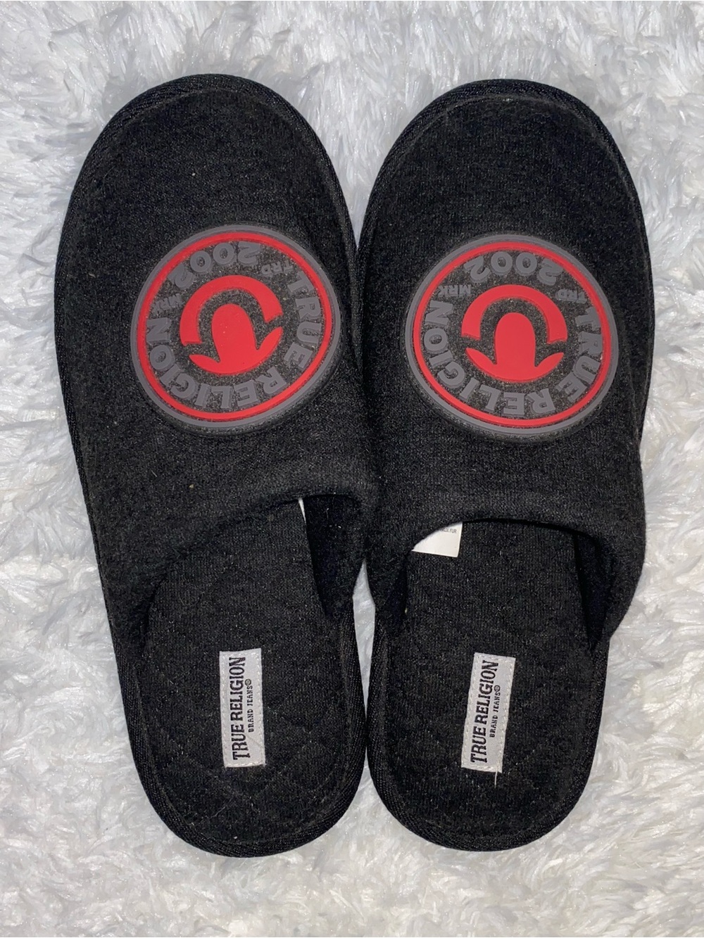 True Religion Mens Slippers Charcoal Gray Red Horseshoe Logo House Shoes Large